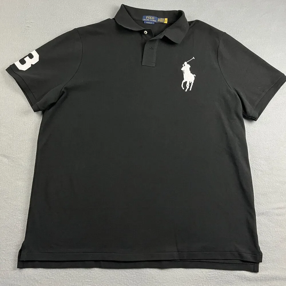 Polo Ralph Lauren Big Pony Mesh Cotton Polo Shirt Black Short Sleeve Men's XXL